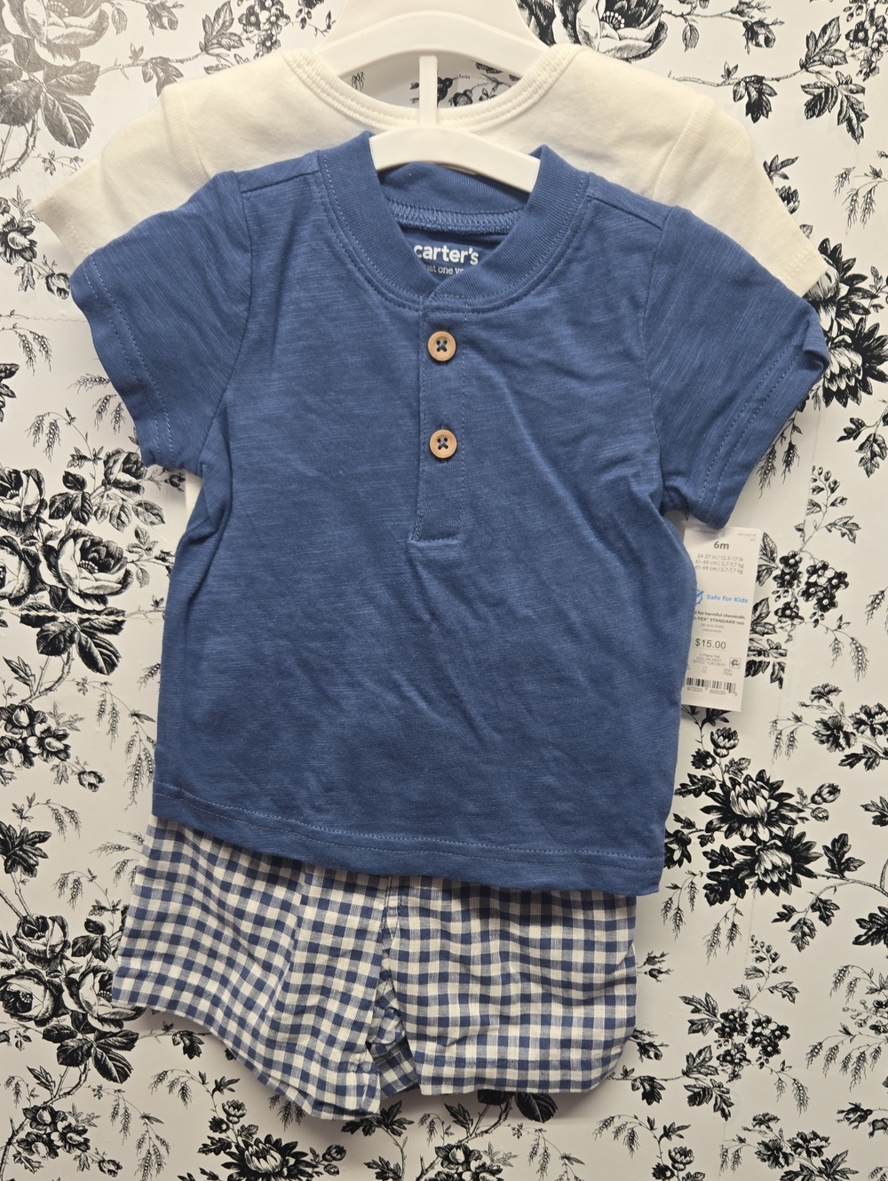 Carter's Blue & White Short Sleeve Baby Set with Gingham Shorts Size 6M
